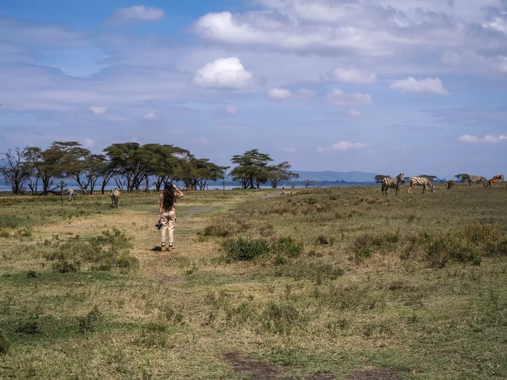 Ella McKendrick on a walking safari on Crescent Island in Lake Naivasha, Kenya